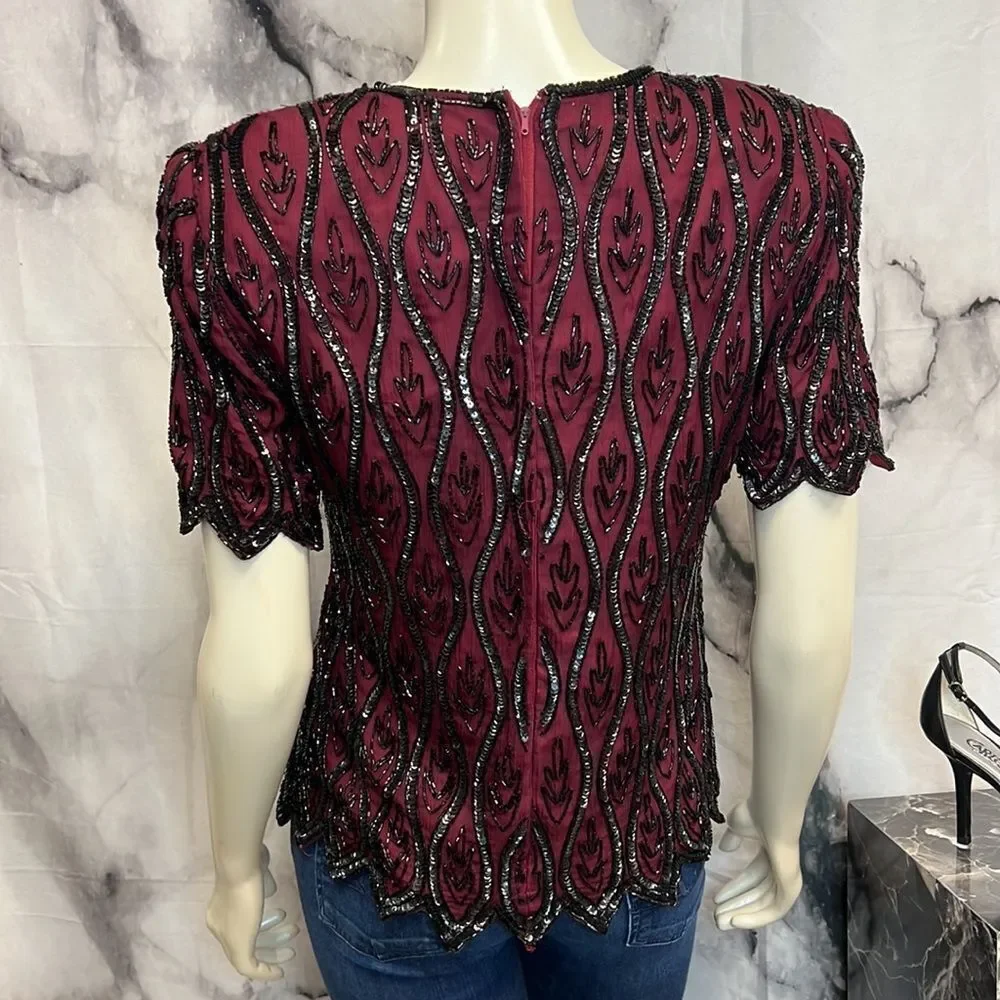 *Maroon and black beaded sequence evening top brand stenay - Picture 6 of 10